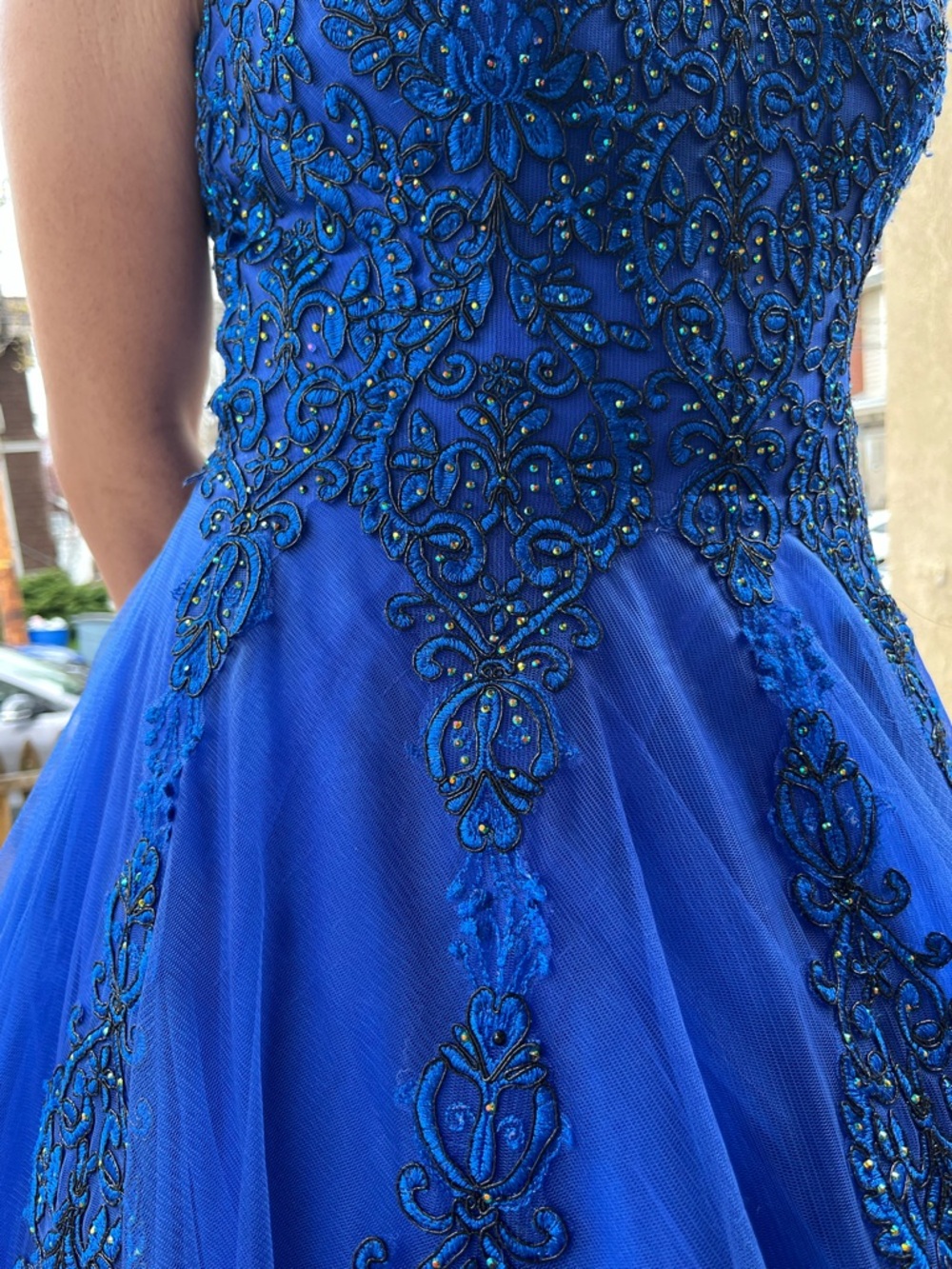 Royal Blue Beaded Tulle Ball Gown - Picture 3 of 11
